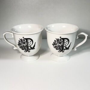 Set of 2 Anthropologie Pedestal Missus "P" Monogram Mugs - Black and White
